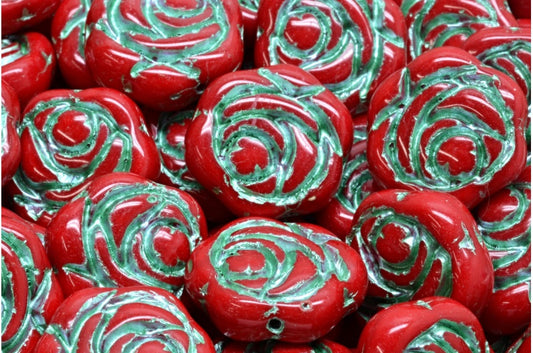 Flat Round Rose Flower Beads, Opaque Red 54322 (93210-54322), Glass, Czech Republic