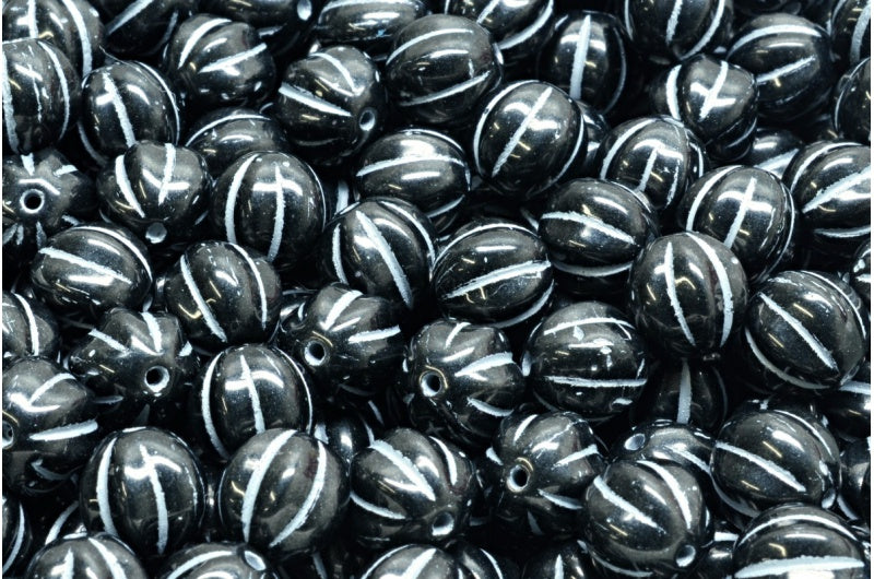 Melonenperlen, schwarz mit Silber gefüttert (23980-54301), Glas, Tschechische Republik