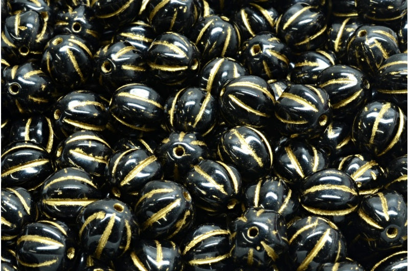 Melon Beads, Black Gold Lined (23980-54302), Glass, Czech Republic