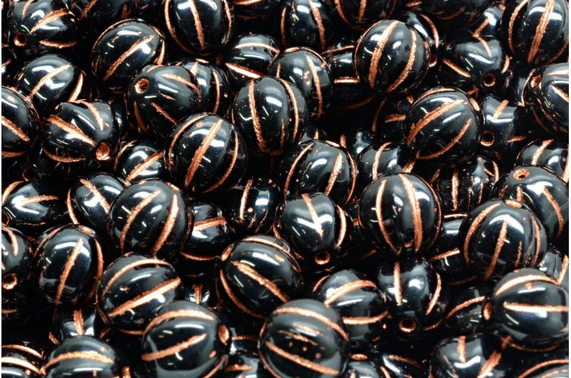 Melon Beads, Black Copper Lined (23980-54319), Glass, Czech Republic