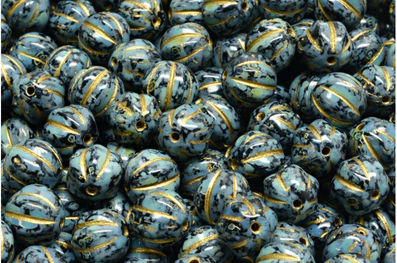 メロンビーズ、ブラックトラバーチン、ゴールドライン（23980-86800-54302）、ガラス、チェコ共和国