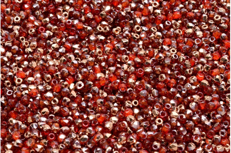 Faceted Round Fire Polished Beads, Ruby Red Rose Gold Capri (90080-27101), Glass, Czech Republic