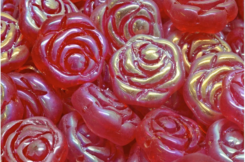 OUTLET 10 grams Flat Round Rose Flower Beads, 18 x 18 mm, Light Siam Ab Full (2X Side) (90070-28703), Glass, Czech Republic