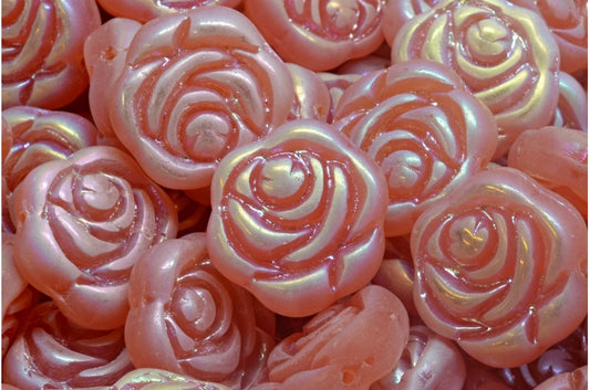 奥特莱斯 10 克扁平圆形玫瑰花珠，18 x 18 毫米，蛋白石粉色 Ab Full（2X 侧面）(71111-28703)，玻璃，捷克共和国