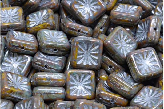 Squared Kiwi Beads, Yellow Travertin Silver Lined (83120-86800-54301), Glass, Czech Republic