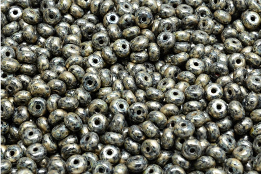 OUTLET 10 grams Rondelle Druck Beads, 2.5 x 4 mm, Black Travertin Gold Splash (23980-86800-86710), Glass, Czech Republic