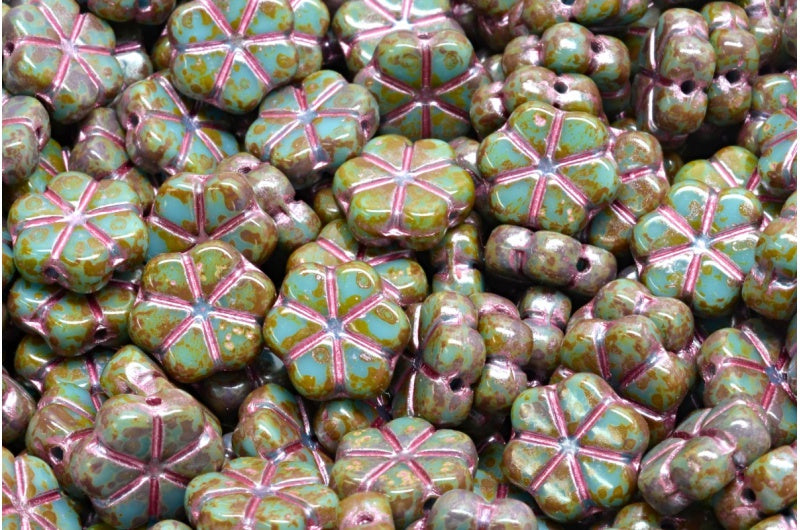 Garland Flower Beads, Blue Travertin Pink Lined (63020-86800-54321), Glass, Czech Republic