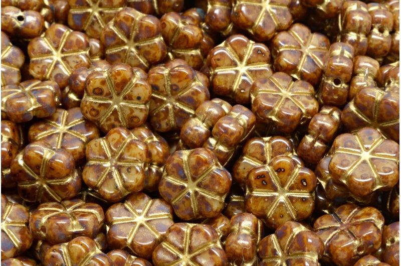 Garland Flower Beads, Beige Travertin Gold Lined (13020-86800-54302), Glass, Czech Republic