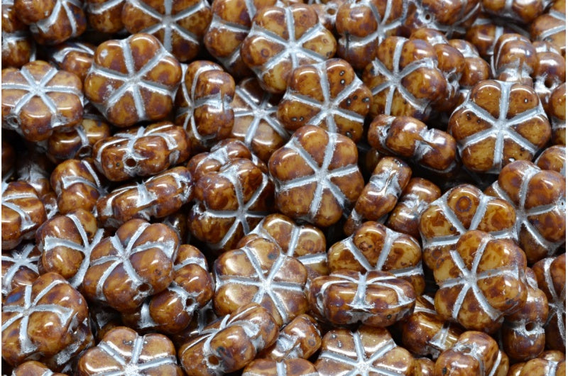 Garland Flower Beads, Beige Travertin Silver Lined (13020-86800-54301), Glass, Czech Republic