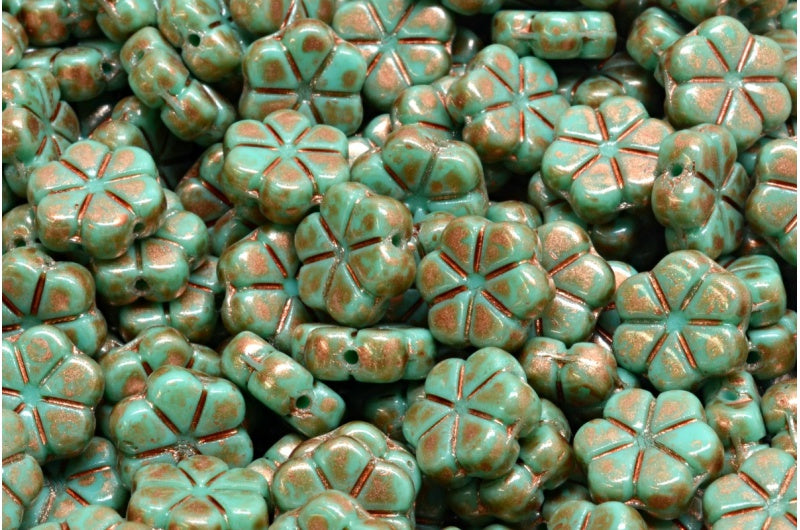 OUTLET 10 grams Garland Flower Beads, 10 x 10 mm, Turquoise Copper Splash (63130-86750), Glass, Czech Republic