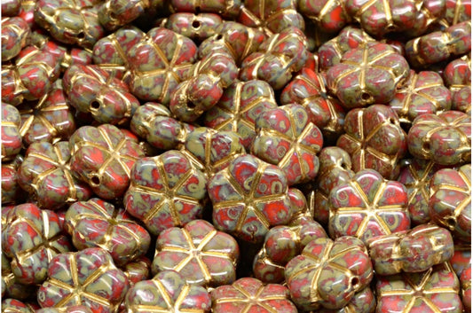 Garland Flower Beads, Deep Orange  Travertin Gold Lined (93140-86800-54302), Glass, Czech Republic