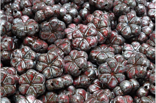 Garland Flower Beads, Opaque Red Travertin 34301 (93200-86800-34301), Glass, Czech Republic