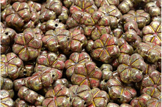 Garland Flower Beads, Opaque Red Travertin Light Yellow (93200-86800-34302), Glass, Czech Republic