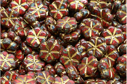 Garland Flower Beads, Opaque Red Travertin Gold Lined (93200-86800-54302), Glass, Czech Republic