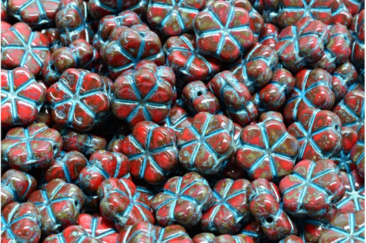 Garland Flower Beads, Opaque Red Travertin Light Blue Lined (93200-86800-43811), Glass, Czech Republic