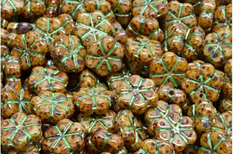 OUTLET 10 grams Garland Flower Beads, 10 x 10 mm, 83539 Travertin Green (83539-86800-43813), Glass, Czech Republic