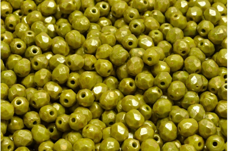 Faceted Round Fire Polished Beads, Opaque Green Gold Splash (53400-86720), Glass, Czech Republic