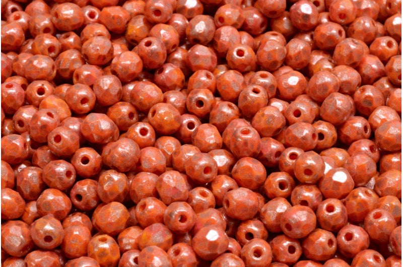 Faceted Round Fire Polished Beads, Deep Orange  86750 (93140-86750), Glass, Czech Republic