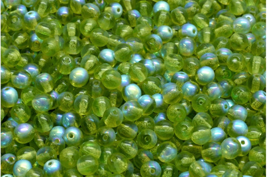 Round Druck Beads, Transparent Green Ab (50230-28701), Glass, Czech Republic