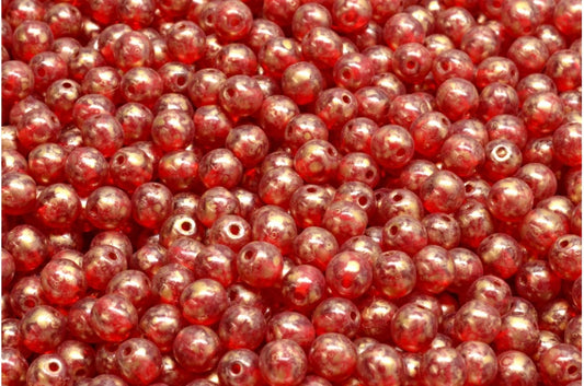 Round Druck Beads, Ruby Red Gold Splash (90080-86720), Glass, Czech Republic