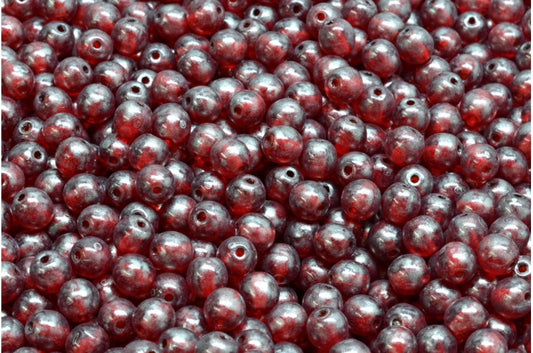 Round Druck Beads, Ruby Red Silver Splash (90080-86790), Glass, Czech Republic