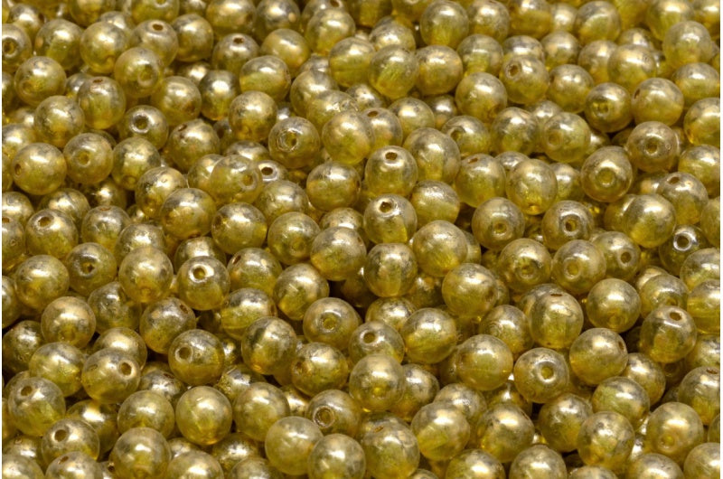 OUTLET 10 grams Round Druck Beads, 4 x 4 mm, Transparent Green Gold Splash (50230-86720), Glass, Czech Republic