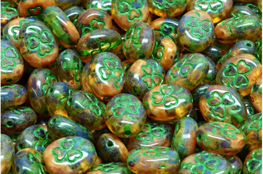 Shamrock Oval Beads, Pink Travertin Green Lined (R0742-86800-54315), Glass, Czech Republic