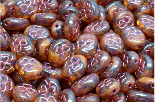 Shamrock Oval Beads, Pink Travertin Pink Lined (R0742-86800-54321), Glass, Czech Republic