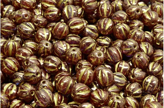 Melon Beads, Orange Purple Gold Lined (R0912-15726-54302), Glass, Czech Republic