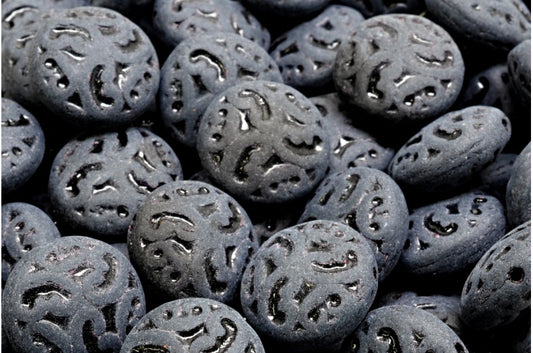 Lentil Beads with Ornaments, Black Matte (23980-84100), Glass, Czech Republic