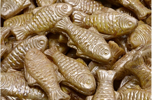 OUTLET 10 grams Big Fish Beads, 24 x 10 mm, White Travertin Gold Splash (02010-86800-86710), Glass, Czech Republic