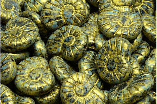 Shell Beads, Black Gold Luster Spotted (23980-65322), Glass, Czech Republic