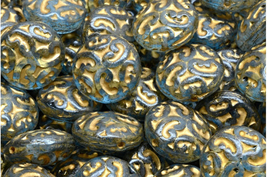 Lentil Beads with Ornaments, Crystal Matte Gold Lined Light Blue (00030-84100-54302-34307), Glass, Czech Republic