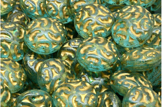 Lentil Beads with Ornaments, Crystal Matte Gold Lined Light Aqua Blue (00030-84100-54302-34308), Glass, Czech Republic