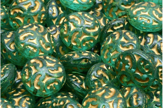 Lentil Beads with Ornaments, Crystal Matte Gold Lined Light Turquoise (00030-84100-54302-34309), Glass, Czech Republic