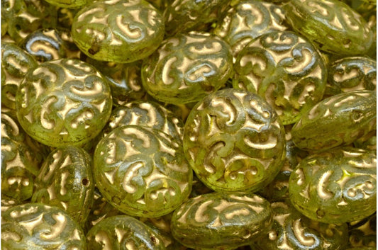 Lentil Beads with Ornaments, Crystal Matte Gold Lined Light Green (00030-84100-54302-34310), Glass, Czech Republic