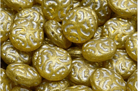 Lentil Beads with Ornaments, Crystal Matte Silver Lined Light Yellow (00030-84100-54301-34302), Glass, Czech Republic