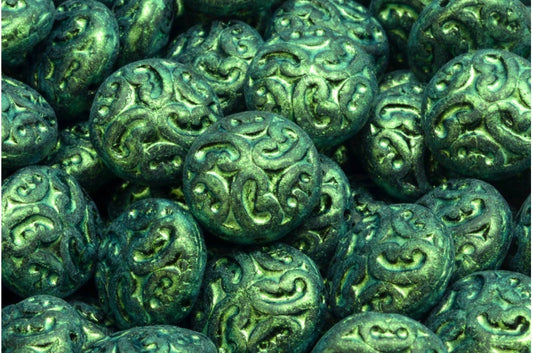 Lentil Beads with Ornaments, Black Matte Green Iridiscent (23980-84100-86922), Glass, Czech Republic