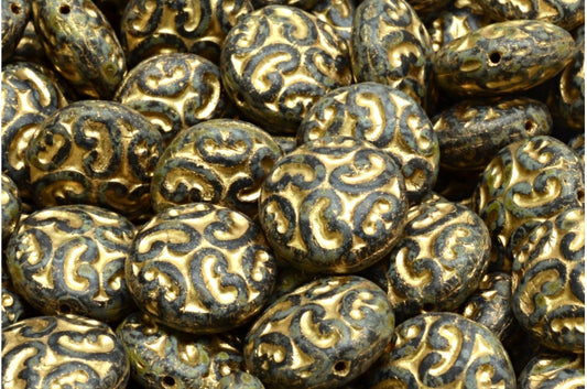 Lentil Beads with Ornaments, Black Matte Travertin Gold Lined (23980-84100-86800-54302), Glass, Czech Republic