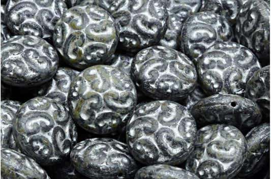 Lentil Beads with Ornaments, Black Matte Travertin Silver Lined (23980-84100-86800-54301), Glass, Czech Republic