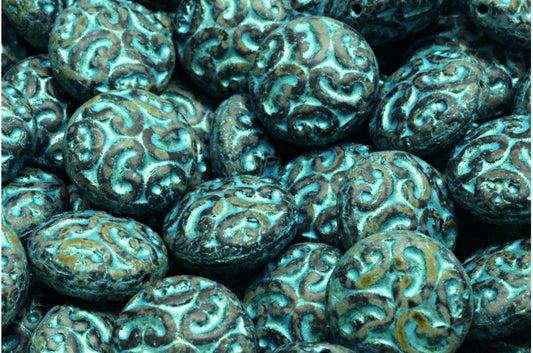 Lentil Beads with Ornaments, Black Matte Travertin Light Blue Lined (23980-84100-86800-43811), Glass, Czech Republic