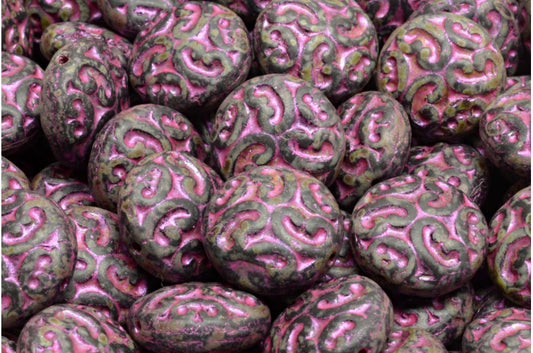 Lentil Beads with Ornaments, Black Matte Travertin Pink Lined (23980-84100-86800-43807), Glass, Czech Republic