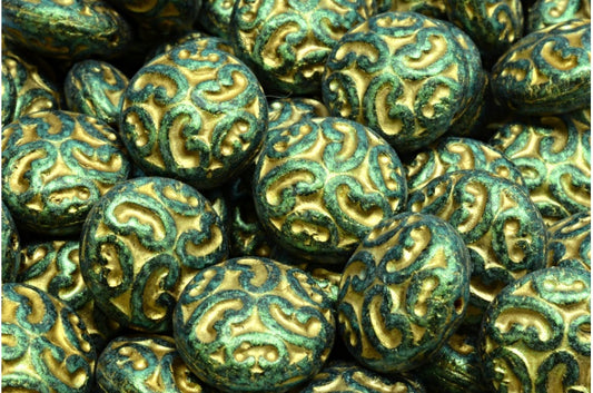 Lentil Beads with Ornaments, Black Matte Green Iridiscent Gold Lined (23980-84100-86922-54302), Glass, Czech Republic