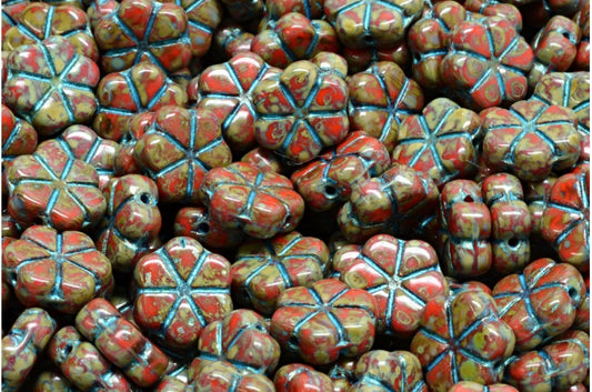 Garland Flower Beads, Deep Orange  Travertin Light Blue Lined (93140-86800-43811), Glass, Czech Republic