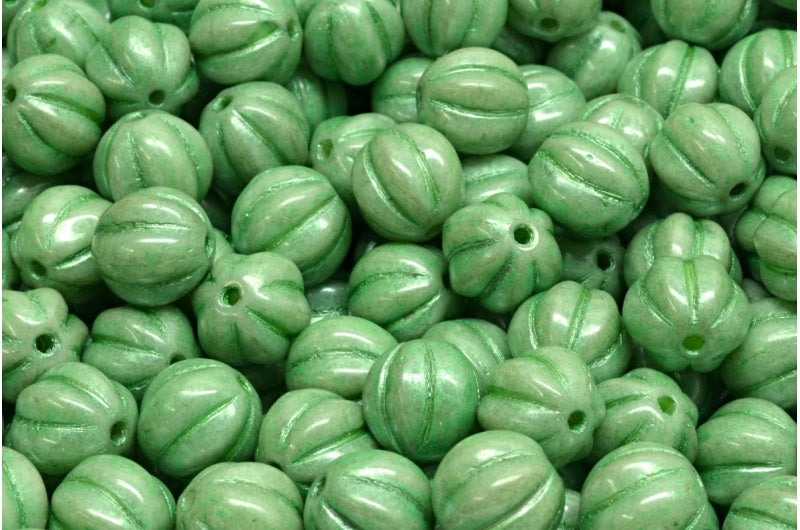 Melon Beads, White Luster Green Full Coated 54322 (02010-14457-54322), Glass, Czech Republic