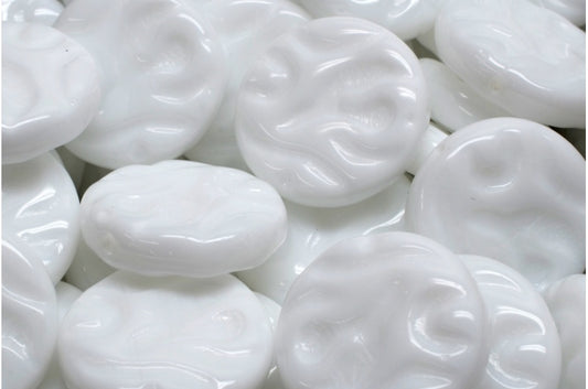 OUTLET 10 grams Flat Round Designed Beads With Ornament, 20 x 20 mm, White (02010), Glass, Czech Republic
