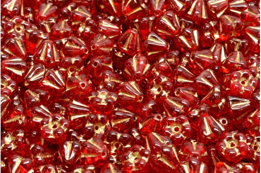 Bell Flower Beads, Ruby Red Gold Lined (90080-54302), Glass, Czech Republic