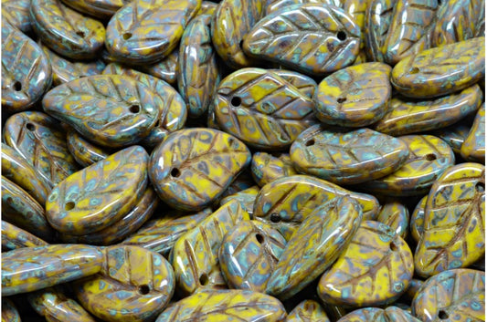 リーフペンダントビーズ、不透明グリーントラバーチン（53400-86800）、ガラス、チェコ共和国