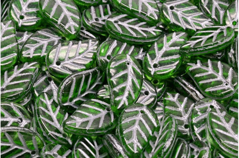 叶形吊坠珠，绿色透明银衬里（50040-54301），玻璃，捷克共和国