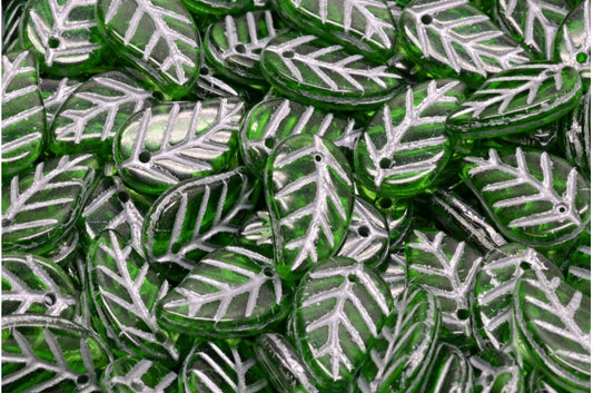叶形吊坠珠，绿色透明银衬里（50040-54301），玻璃，捷克共和国